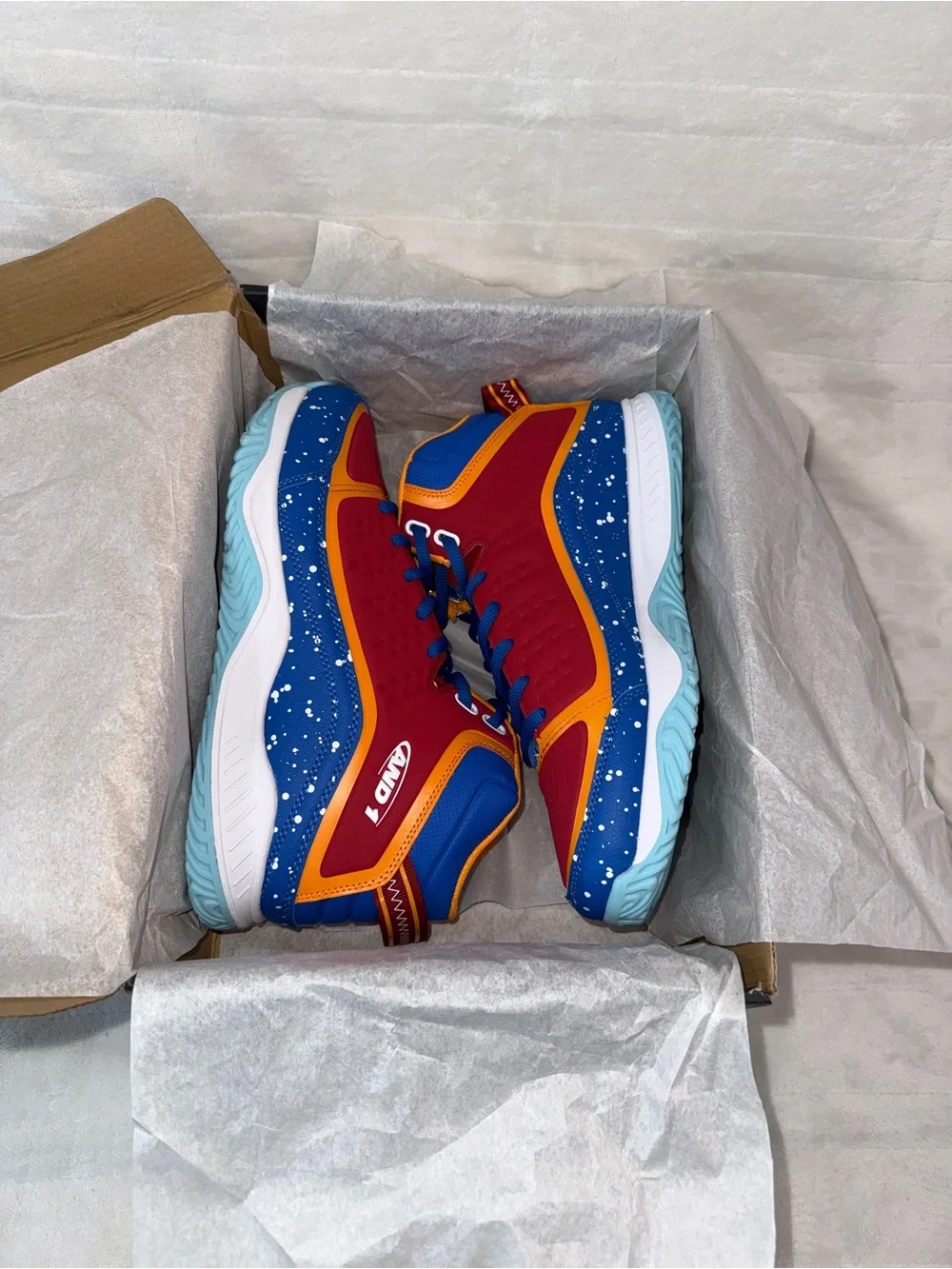 Mens 8.5 or women’s 10, AND1 Red, Blue, White, & Orange, Basketball Shoes.